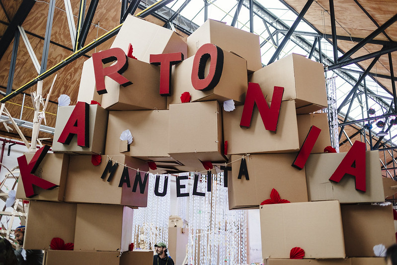 A large cardboard-letter installation spelling Kartonia